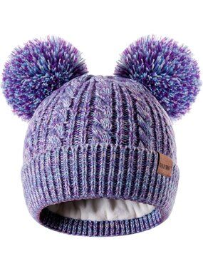 Womens Purple Elastic Birthday Winter Hats Kids Toddler Children Knit Fleece Cap